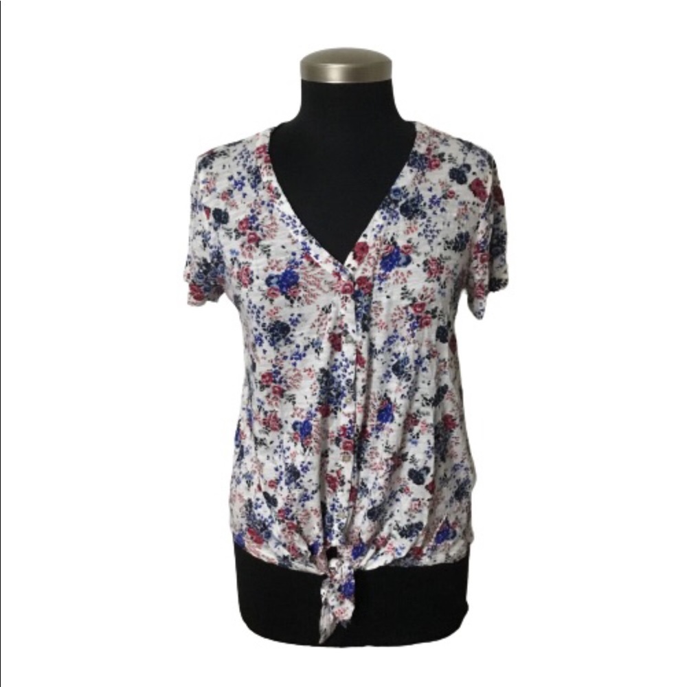 Lucky Brand Floral V-Neck Short-Sleeve Button-Down Tie- Front Top Size Small